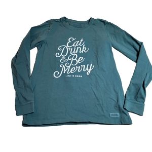 ♡Life Is Good Women's Green Holiday "Eat, Drink & Merry" LongSleeve Tshirt M